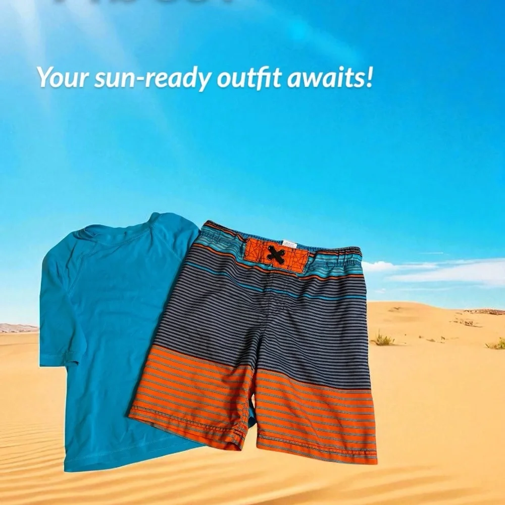 Cherokee Multicolor Striped Swim Shorts Trunks and rash guard 8 Medium